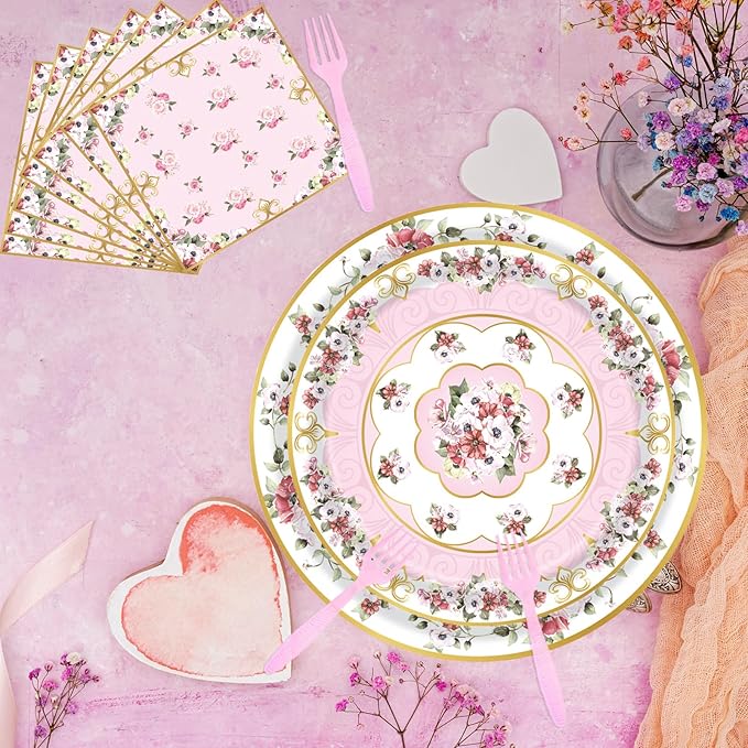 96pcs Floral Party Supplies Flower Paper Plates and Napkins Tableware Set for 24 Guest Floral Party Disposable Paper Dinner Plates Napkins Forks for Birthday Bridal Shower Tea Party Supplies