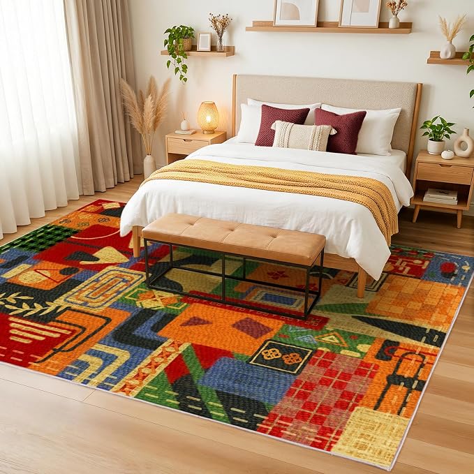 Washable 5x7 Colorful Abstract Area Rug, Boho Patchwork Rugs for Living Room, Multi-Color Modern Memphis-Inspired Throw Carpet, Non-Slip Low Pile Rug for Bedroom Dining Room Office Home Hardwood Floor