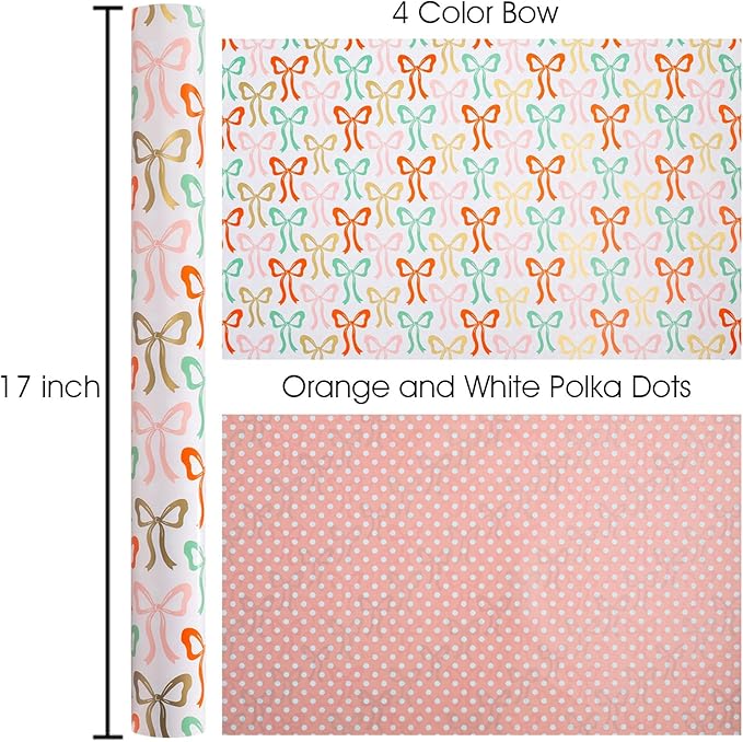 Burymento Bow Wrapping Paper Roll, Reversible Dot Design Gift Wrap for Birthday, Valentines, Mothers day, Graduation, Wedding, Fathers day, Baby Shower, Christmas (17 IN x 32.8 FT)