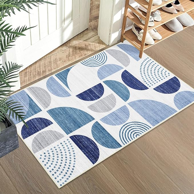 MUJOO Blue Small Rug Washable,2x3 Area Rugs for Entryway Bathroom Entry Entrance Bedroom Kitchen,Front Door Mat Boho Throw Carpet Non Slip Indoor Soft Modern Abstract Navy Blue
