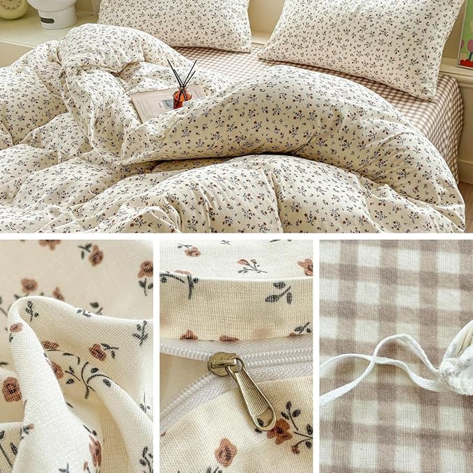 LifeTB 100% Cotton Muslin Duvet Cover King Size Vintage Botanical Floral Duvet Cover Ultra Soft Flower Comforter Cover Lightweight Soft Breathable Gauze Bedding Comforter Cover with 2 Pillowcases