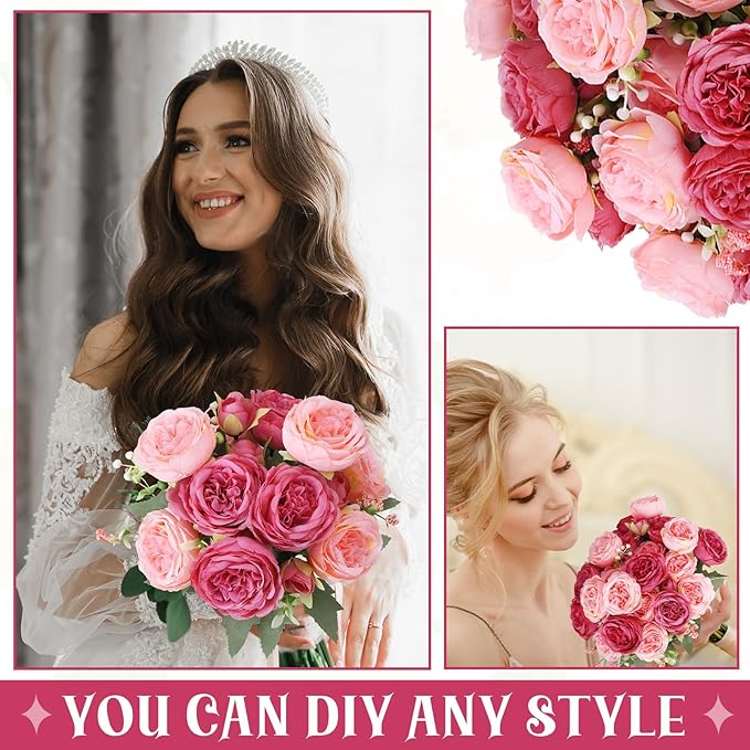 8 Pack Pink, Dark Pink Peonies Artificial Flowers, Fake Silk Hydrangea Bouquet for Bridal Wedding Home Table Decor Reusable Dining Opening Ceremony Birthday Arrangement Faux Floral