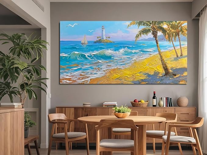 Brushart Beach Canvas Wall Art for Living Room Large, Coastal Bedroom Picture, Painting Wall Decor Ocean Textured Artwork for Walls Home Office 58"x29"