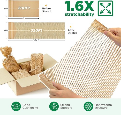Honeycomb Packing Paper - 12"x200' Brown | Recyclable Perforated Packing Supplies | Eco-Friendly Alternative to Bubble Wrap with 36 Fragile Stickers