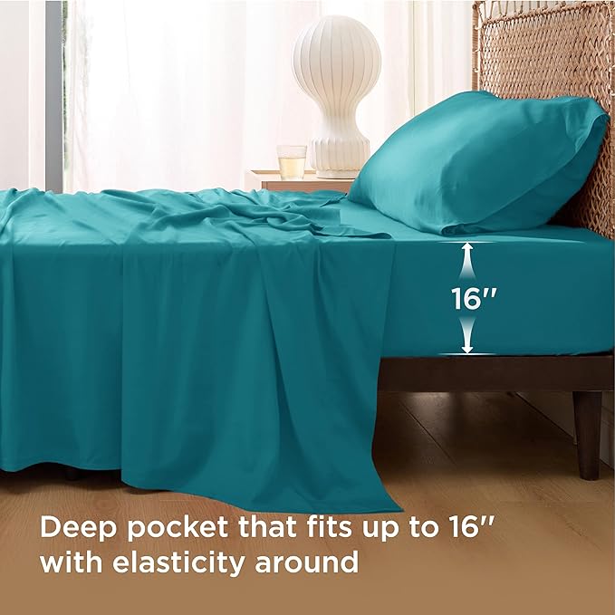 Bedsure Cooling Sheets Twin XL, Rayon Derived from Bamboo, Breathable & Soft Twin XL Sheet Sets, Deep Pocket Up to 16 Inches, Hotel Luxury Silky Dorm Bedding for Hot Sleepers, Turquoise