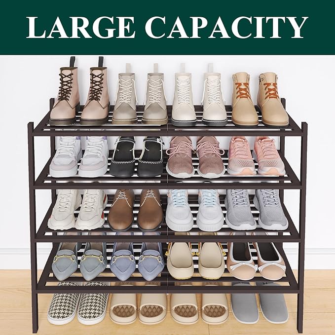 Smiry Long Bamboo Shoe Rack 4-Tier, Stackable Wooden Shoe Organizer for Entryway & Closet, Free Standing Wood Shoe Storage Shelf for Front Door & Small Spaces, Brown