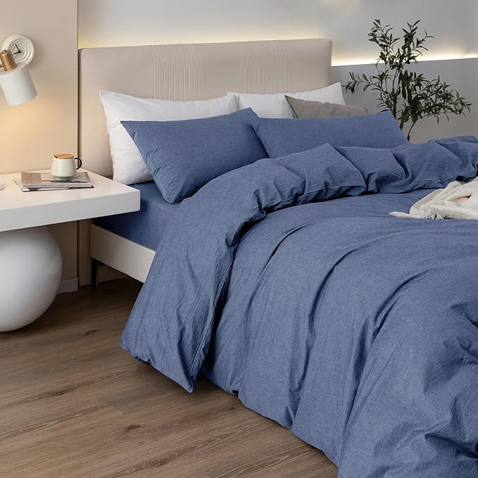 JIYUAN 100% Washed Cotton Duvet Cover Set 3 Pieces Full, 1 Duvet Cover 80x90 Inches(Comforter Not Included) and 2 Pillowcases,Linen Like Comfy and Breathable,Heathered Blue
