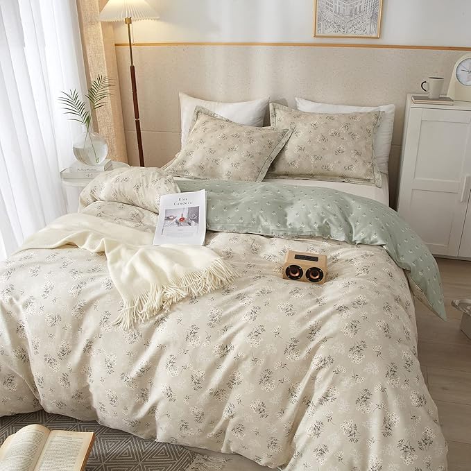VM VOUGEMARKET Floral Bedding Twin Reversible Gray Beige Flower Duvet Cover Set,Cottagecore Duvet Cover Matching 2 Pillowcases 100% Cotton Chic Girls Bedding Set -Twin(68"x86")