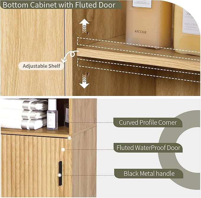 Bifins 68" Tall Bathroom Storage Cabinet,Narrow Fluted Tower Cabinet with Door and Shelves,Slim Space Saving Storage Unit for Bathroom Kitchen Living Room (Natural, 11.8" D x 15.75" W x 68" H)