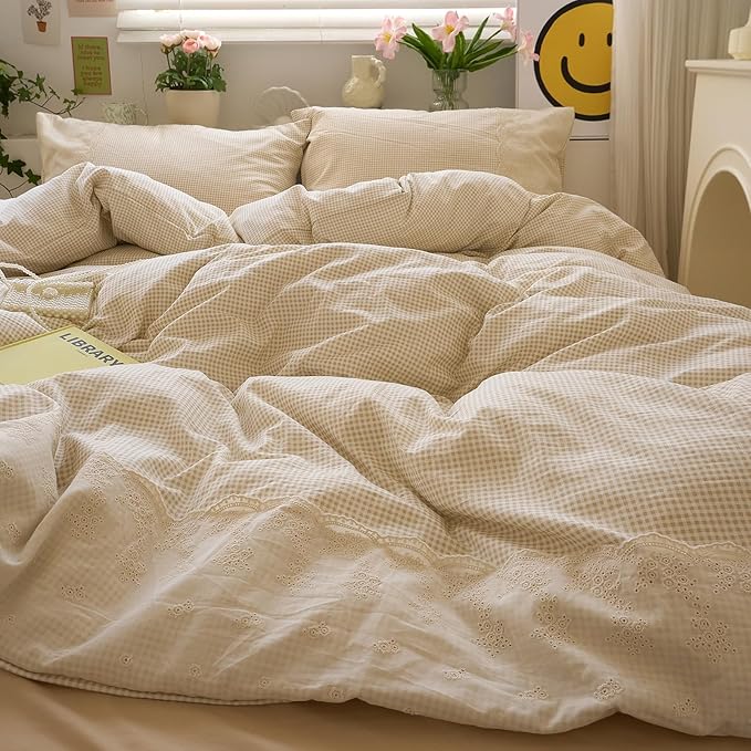LifeTB Tan Gingham Duvet Cover Twin 3 Pieces Romantic Lace Duvet Cover Vintage Plaid Checkered Comforter Cover with 2 Pillowcases Soft Microfiber Beige Tan Grid Farmhouse Plaid Bedding Set