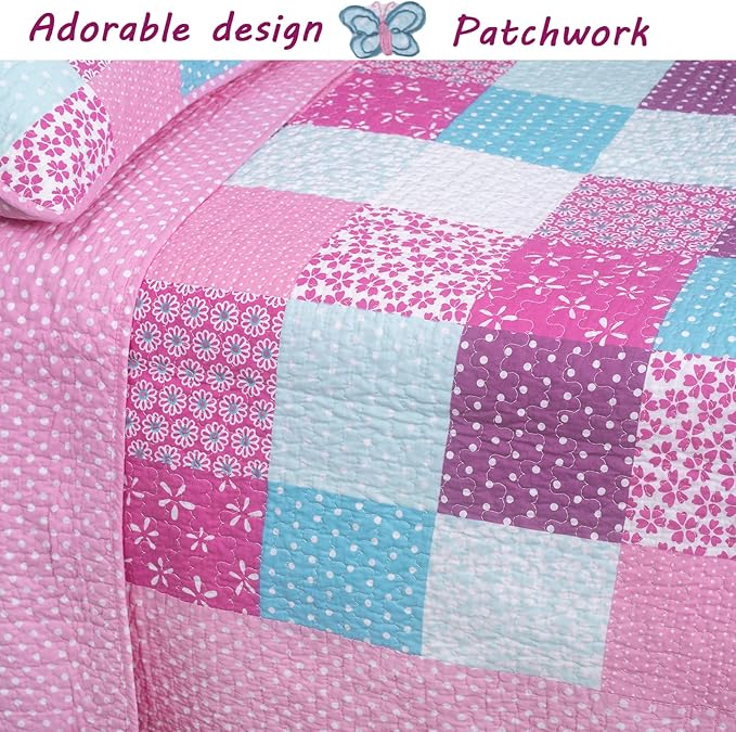 Cozy Line Home Fashions 7 Piece Twin Size 100% Cotton Pink Girl Reversible Bedding Quilt Set, Bedspread Coverlet for All Seasons (Ballerina Dance Princess, Twin - 7 Piece)