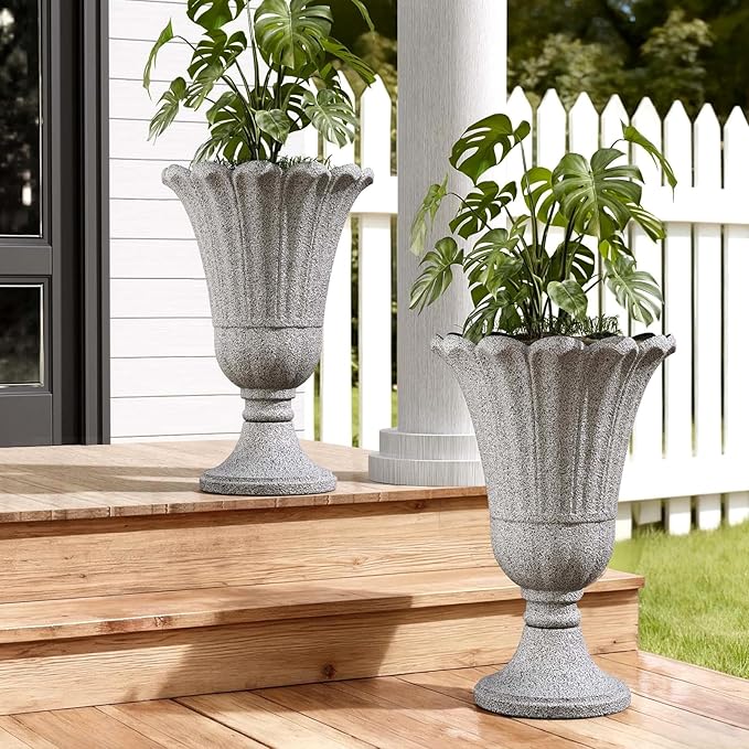 Tall Plastic Urn Planters for Outdoor Plants Set of 2-23.6" H Classic Petal Design Indoor Large Flower Pots with Drainage Holes, Outdoor Planters for Porch Decor/Garden Vase, Grey