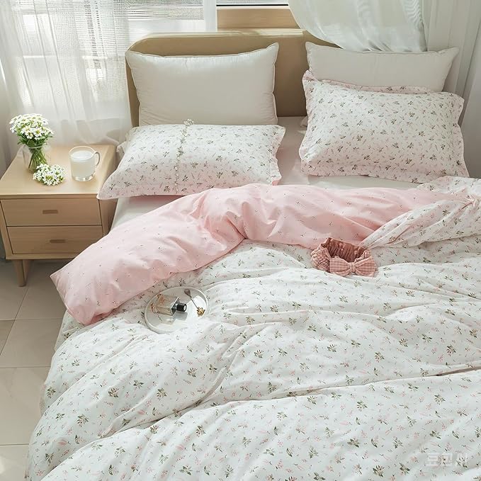 EAVD Vintage Style Garden Pink Floral Duvet Cover Queen 100% Cotton White Pink Botanical Bedding Set for Girls Women Chic Shabby Boho Botanical Floral Comforter Cover with Zipper Closure 4 Ties