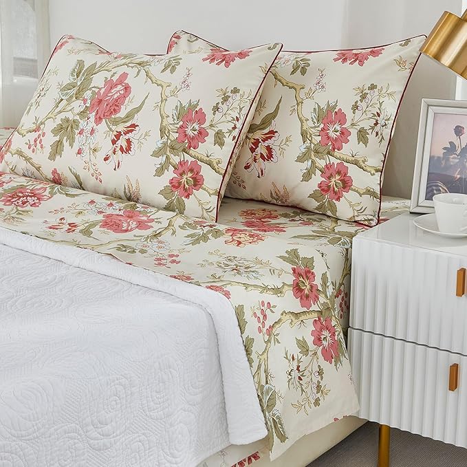 Brandream Floral Bedding Chinoiserie Blossom Farmhouse Sheets Set Queen Size Luxury Grandmillennial Bedding Decor 100% Egyptian Cotton Deep Pocket, 4Pieces Botanical Tree Branches Ornamental Drawing
