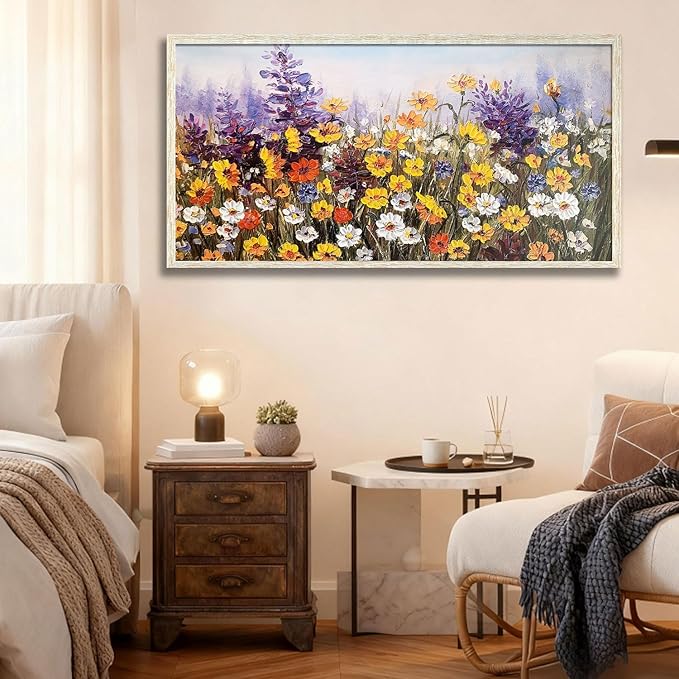 Ardemy Wildflower Wall Art Canvas Living Room Framed Daisy Floral Large Colorful Pictures Wall Decor Textured Purple Paintings Artwork for Walls Bedroom Home Office, 58"x29"