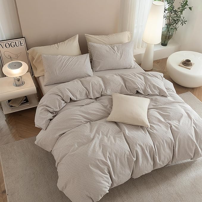 JIYUAN 100% Washed Cotton Striped Duvet Cover Set 3 Pieces King, 1 Duvet Cover and 2 Pillowcases(Comforter Not Included),Linen Like Bedding Set Comfy and Breathable,Pinstripes-Heathered Taupe White