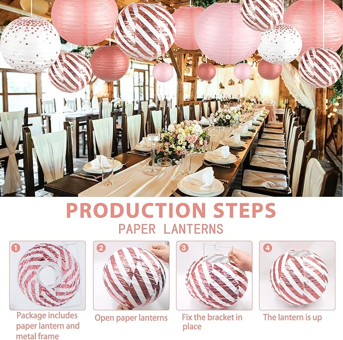 Paper Lanterns Decorative, Rose Gold Round Hanging Paper Lantern Decorations for Birthday Party Bridal Shower Wedding Baby Shower Engagement Valentine's Day Party Supplies