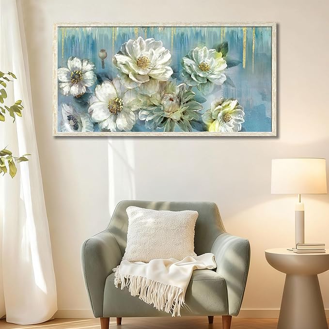 Ardemy Teal Canvas Wall Art Large Framed Magnolia White Floral Pictures Wall Decor Textured Painting Flowers Turquoise Artwork for Living Room Bedroom Dining Room Home Office, 48"x24"