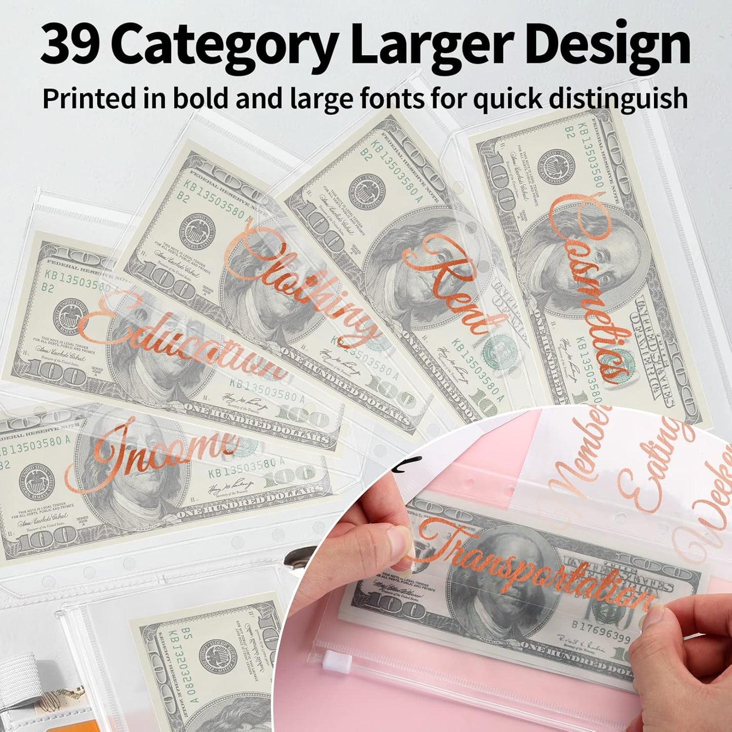 Sooez Money Organizer - A6 Leather Budget Binder with Zipper Envelopes & 43 Rose Gold Labels | Laser Pink