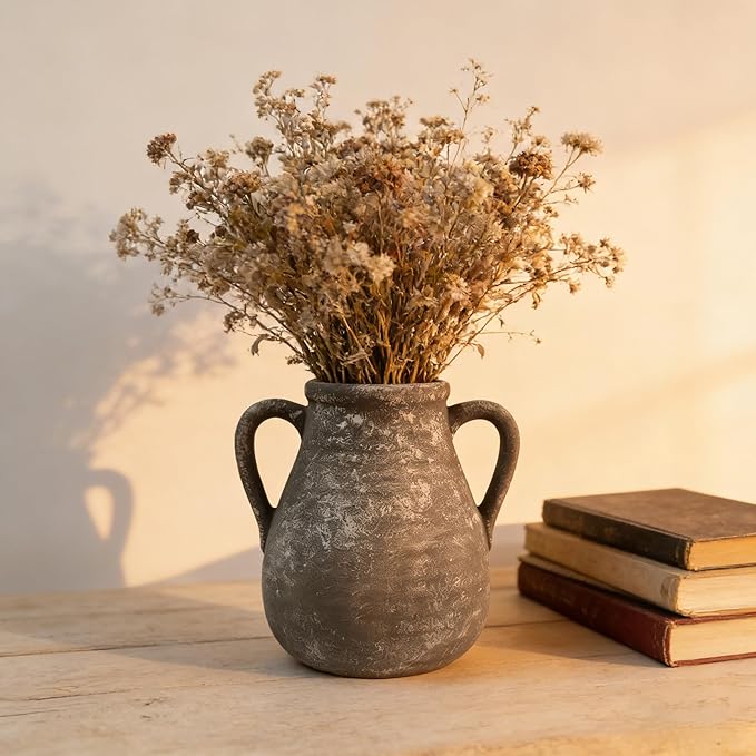 Ceramic Flower Vase Home Decor - 7.5 Inch Farmhouse Rustic Table Vases Living Room Decoration Decorative Vintage Pottery for Kitchen Shelf Coffee Dining Bookshelf Fireplace Centerpiece (Retro-7.5")