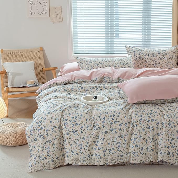 EAVD Vintage Style Garden Botanical Floral Duvet Cover Queen Soft 100% Cotton Pink Blue Yellow Floral Bedding Set with 2 Pillowcases Chic Botanical Duvet Cover with Zipper Closure