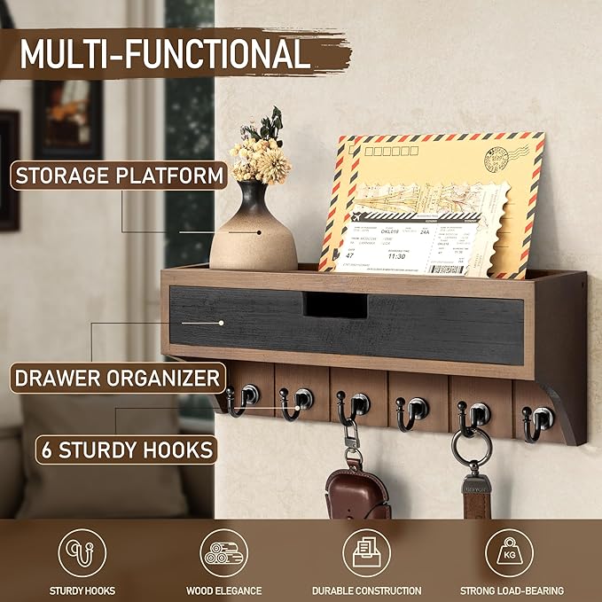 Rebee Vision Pine Wood Key Holder Wall Mount with Drawer Organizer – Decorative Mail Organizer with 6 Key hooks and Wall Shelf - Modern Room Decor for Entryway or Living Room (Brown & Black)
