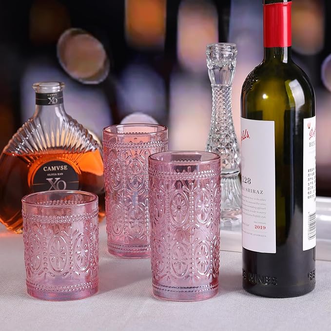 abrwyy Drinking Highball Beverage Glass Cup, Vintage Drinking Glasses, Colored Glassware Set for Party Wedding Home Office Gift, Set of 4 ,Pink