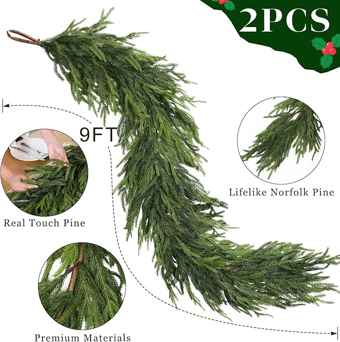 9FT Real Touch Norfolk Pine Garland - Artificial Christmas Garland Fake Green Faux Pine Needles Garland for Table Fireplace Mantle Holiday Home Indoor Outdoor Decor (2PCS)