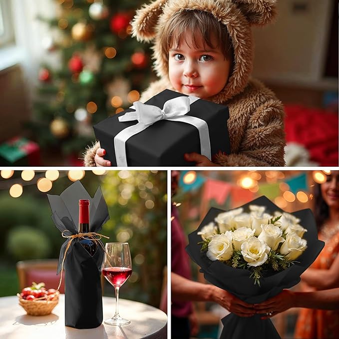 SANZIX 150 Sheets Black Tissue Paper for Gift Bags Bulk 14x20 Inch- Black Wrapping Paper for Christmas Gifts, Xmas Decorations, DIY, Halloween, Holiday Décor - Christmas Wrapping Tissue