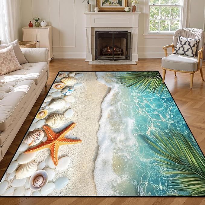 3'x5' Beach Rug Starfish Seashell Area Rugs for Entryway Bedroom Living Room Kitchen Home Decor Ocean Sea Wave Carpt 3D Non Slip Washable Throw Rug Coastal Seaside Floor Mat