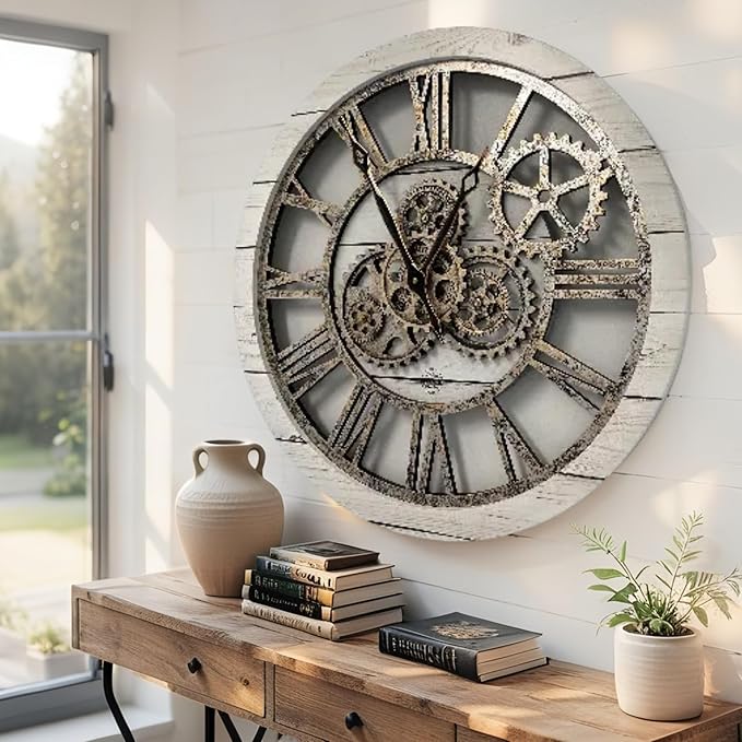 ImprovingLife The Gears Clock The Original Real Moving Gear Wall Clock Vintage Industrial Oversized Rustic Farmhouse (24 inch (60cm),White Farmhouse)