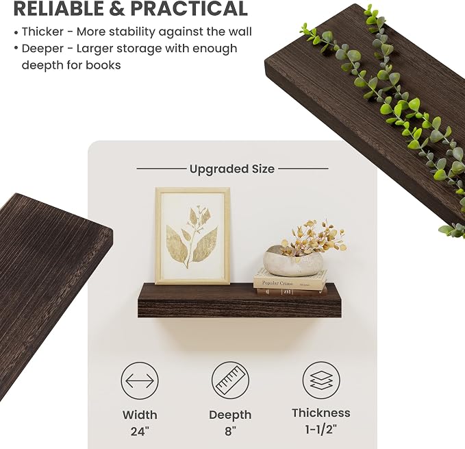 Solid Wood Floating Shelves for Wall 24"W x 8"D x 1.56"H Set of 2, Deep Wall Shelves for Living Room Bedroom Bathroom Kitchen Decor Storage with Invisible Heavy-Duty Metal Bracket, Rustic Brown