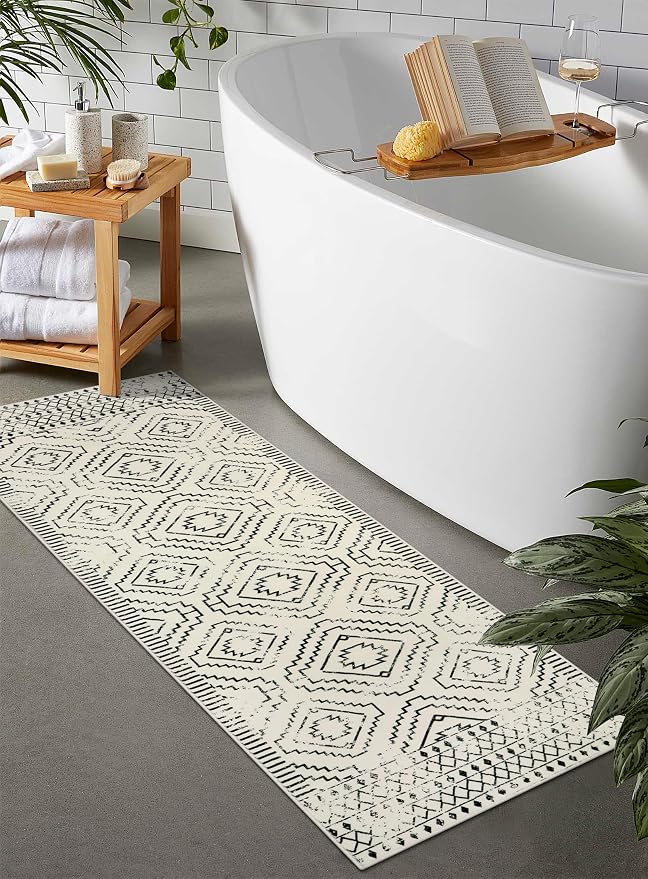 Wonnitar Moroccan Washable 2x6 Runner Rug for Hallways, Non-Skid Carpet Runners for Kitchen, Boho Farmhouse White Non-Shedding Laundry Room Throw Mat for Bathroom Closet Bedroom (Beige,2'x6')