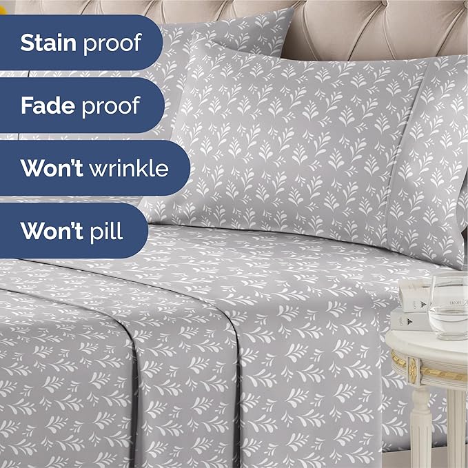 Floral Sheets - Grey & White Bed Sheet Set - 1 Flat, 1 Fitted & 2 Pillowcases w/ Deep Pockets - Comfy, Wrinkle & Fade Free - Boho Botanical Bedding - Ultra-Soft, Breathable & Cooling - Queen Size Set