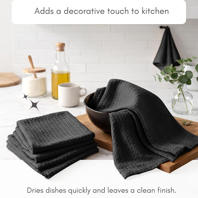 TWINY threads Dish Towel Waffle Weave, Set of 6, 16x26 Inch, Premium Large 100% Cotton Kitchen Linen Pack, Absorbent Cloths for Drying Dishes, Cookware, Quick Drying, Machine Washable, Black