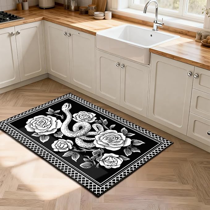 6'x9' Gothic Snake and Rose Area Rug Black and White Floral Vine Floor Mat Retro Boho Carpet Washable Low Pile Indoor Rugs for Entryway Bedroom Living Room Kitchen Home Decor