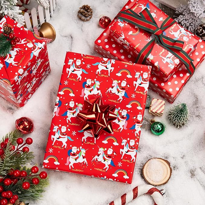 MAYPLUSS Christmas Wrapping Paper Roll - 17 Inch X 33 Feet - Reversible Fairytale Christmas Red Unicorn, Santa Claus, Rainbow, Polka Dot Design Holiday Winter Gift Wrap for Wedding, Party,Celebration