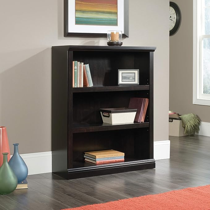 Sauder 3 Tier Book Shelf Wooden Bookcase Multipurpose Bookshelf for Home Office, Living Room, in Estate Black | Multipurpose, Bookshelf, for Home Office, Living Room