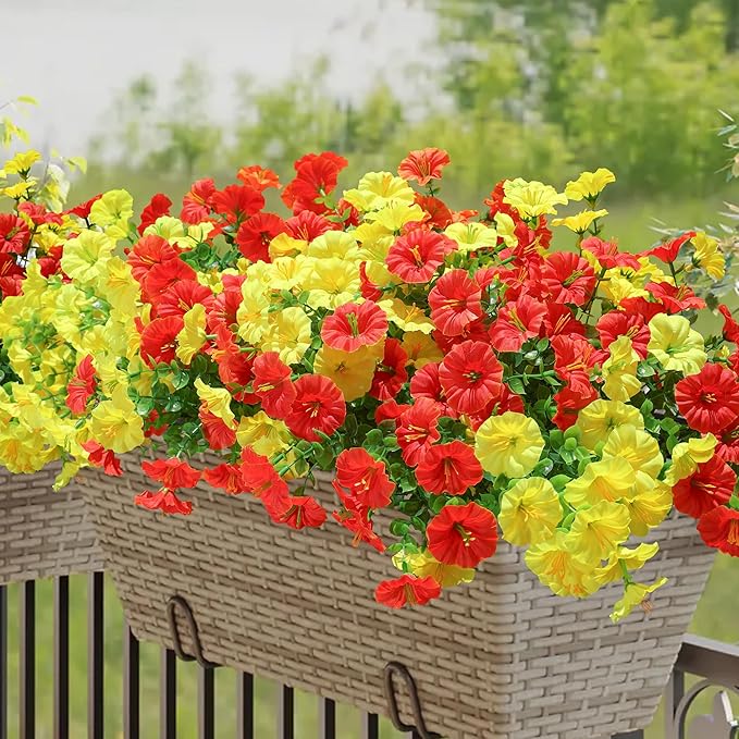 Artificial Mums for Outdoors Fake Fall Flowers Plants for Autumn Decoration, 12 Bundles Silk Morning Glory with Eucalyptus Look Real UV Resistant Faux Mums for Outside Planters Yard Patio Porch, Mix