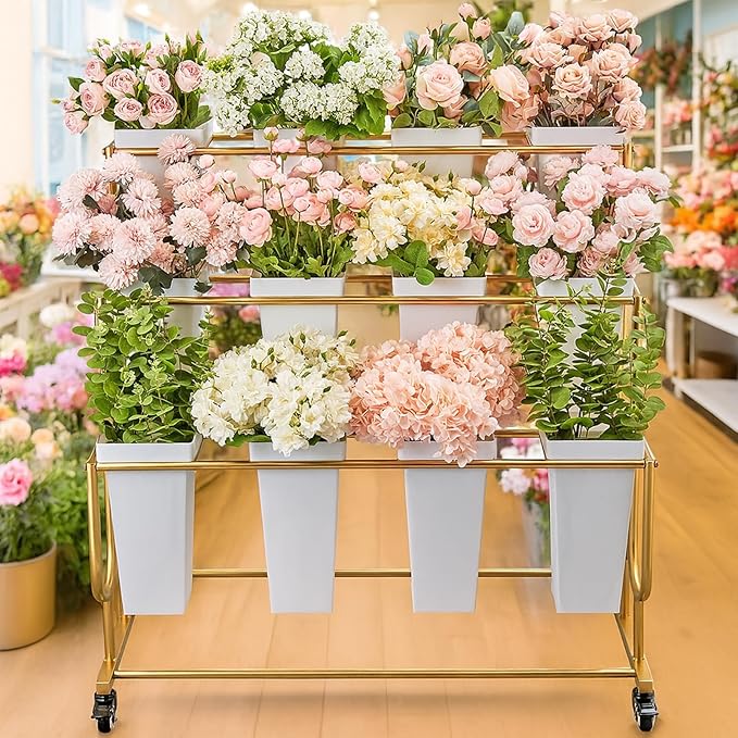 Flower Display Stand Frame, 3-Tier Flower Cart with Wheels, Metal Floral Display Rack , Moving Florist Bouquet Shelf for Shop ,Flower Bar, Events (Gold - 3 Tier) , Without Flower Buckets