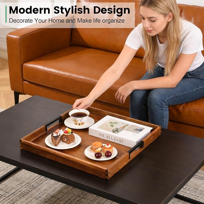 Large Ottoman Tray for Living Room and Coffee Table, Decorative Acacia Wood Serving Tray with Metal Handles for Breakfast in Bed, Dinner Food Kitchen TV (Natural, 17" x 17" x 2")