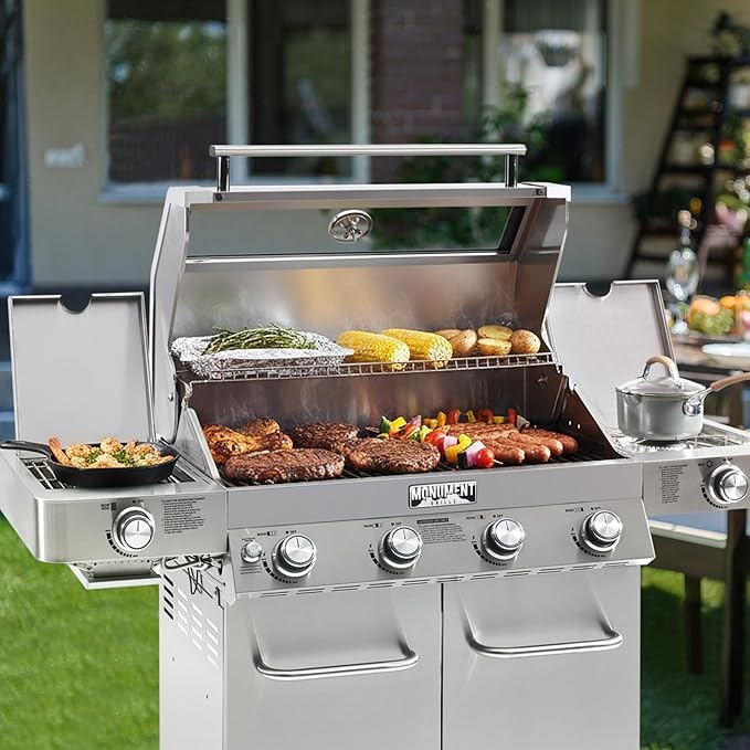 Monument Grills 4+2 Burner 700 sq.in. Large Cabinet Style Stainless Steel Propane Gas Grill with a Clearview® Lid, an Infrared Side Sear Burner & a Side Burner, and a Built-In Thermometer