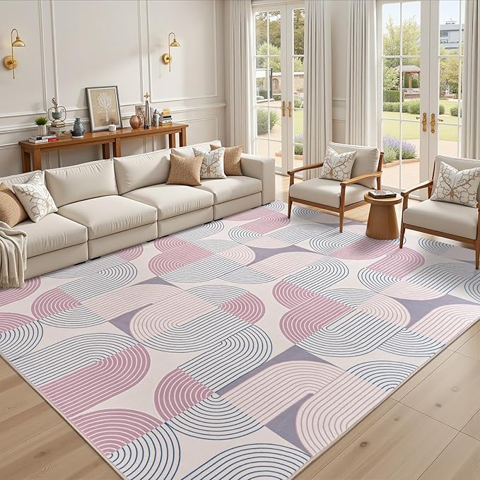 Living Room Rugs 5x7, Soft Modern Geometric Pink Rug for Bedroom, Washable Non-Slip Indoor Floor Boho Abstract Carpet for Dining Room Nursery Home, Pink/Purple
