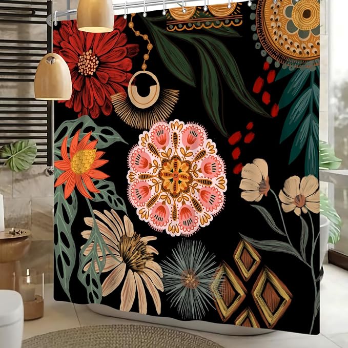 Black Boho Floral Shower Curtain Abstract Botanical Mid Century Modern Bathroom Decor Tropical Flower Shower Curtain with 12 Hooks,66x72 inches