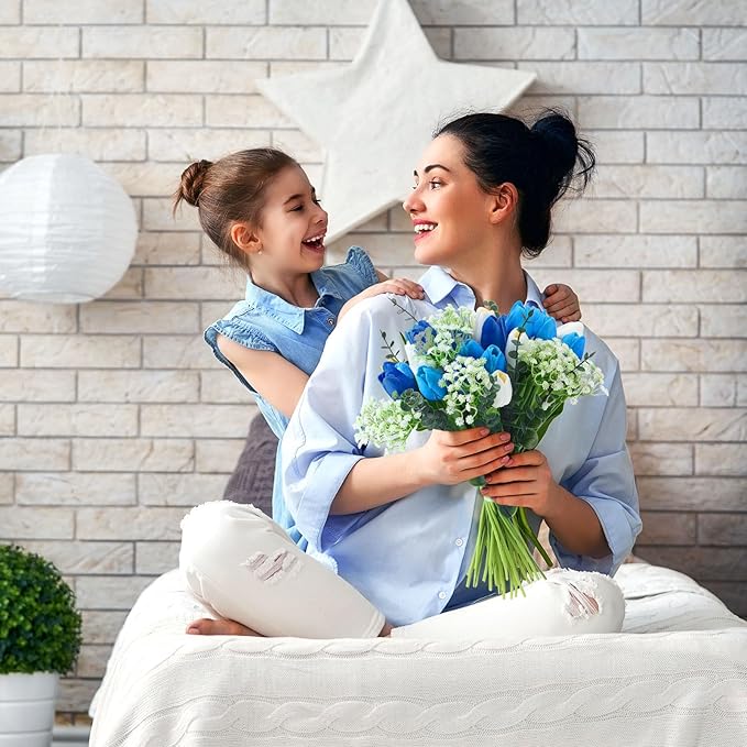 Janinka 100pcs Artificial Tulip Flowers Fake PU Tulips Faux Latex Bouquet Flower Centerpieces Arrangement Floral for Mother Day Wedding Spring Decorations (White,Light Blue,Royal Blue)