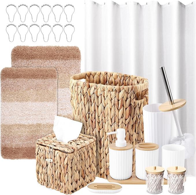 Bathroom Accessories Set, 25PCS Wicker Bathroom Accessory Set with Shower Curtain, Bath Mat, Soap Dispenser, Handwoven Trash Can & Rattan Tissue Box (White, Bath Set+Shower Curtain+Rugs)