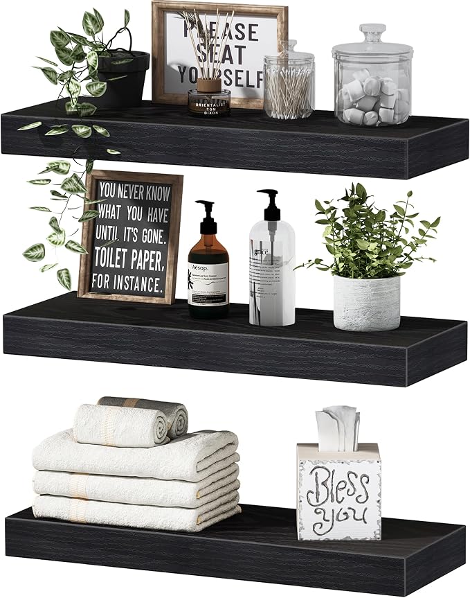 QEEIG Floating Shelves for Wall Bathroom Shelf Bedroom Kitchen Living Room Hanging Book Shelves Small Farmhouse Decor 16 inch Set of 3, Black (015-B3)