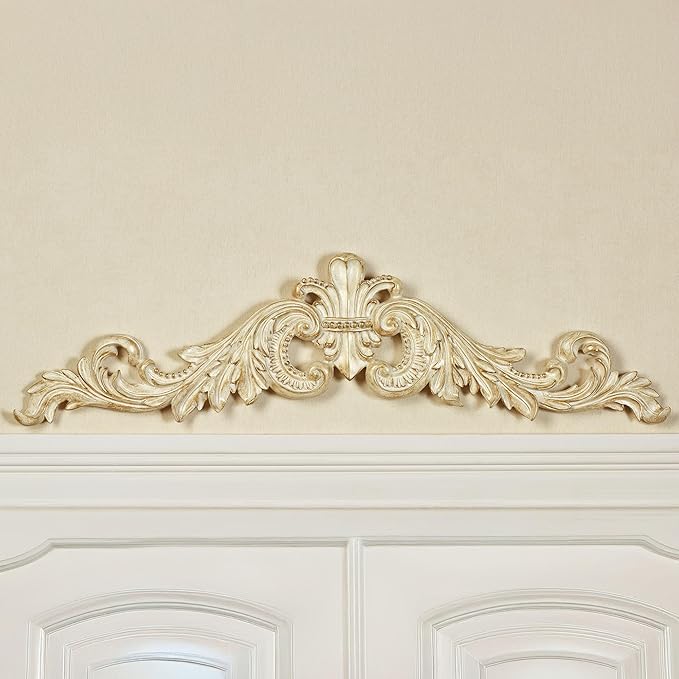 Salvatar Wall Art Topper | Large, Wide Doorway Design | Ivory and Metallic Gold Finish | Openwork Acanthus Leaf Scrolls with Ornate Fleur De Lis | Hang Alone or Above A Wide Door, Window, or Artwork