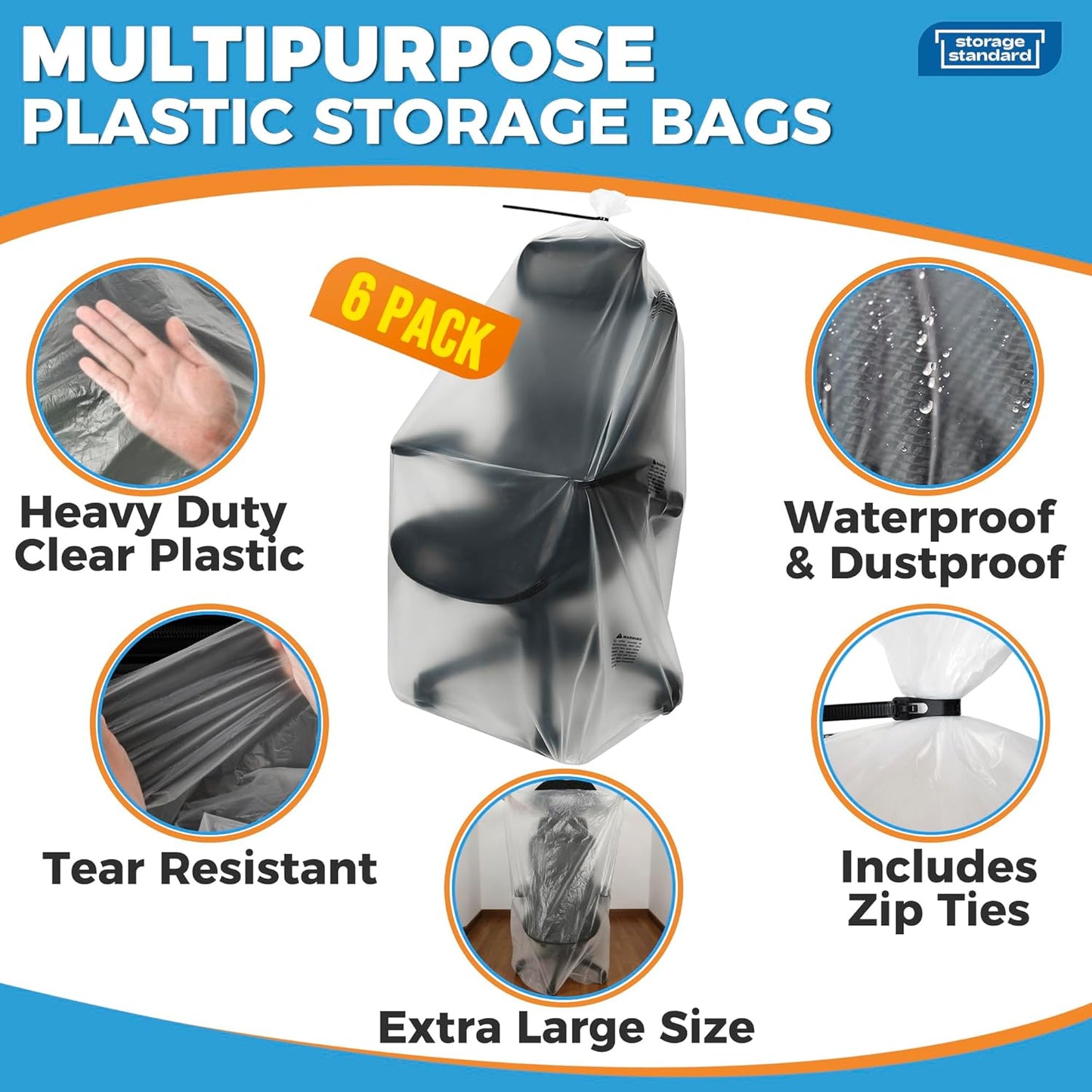 Storage Standard Large Clear Plastic Bags - Waterproof Heavy-Duty 6-Pack for Rugs & Oversized Items | 45 x 65 Inches