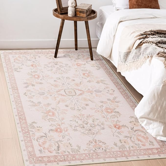 MUJOO 3x5 Rug Washable,Pink Floral Area Rugs for Bedroom Bedside Entryway Living Room Kitchen,Boho Small Indoor Floor Rug Non Slip Throw Carpet Low Pile Vintage